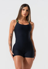 Macaquinho feminino fitness com alças de elástico e tule nas costas activity dlk preto